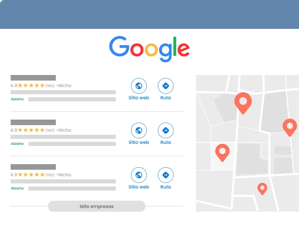 Vista del paquete local de Google mostrando negocios con reseñas, ubicación en mapa y enlaces a sitios web